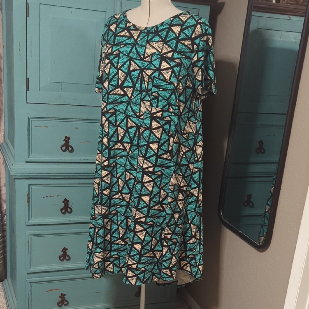 LuLaRoe Teal and Black Geometric Midi Dress